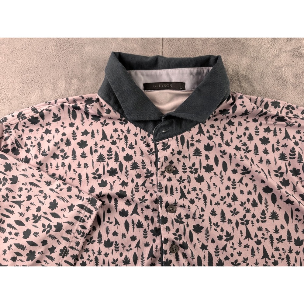 Greyson Mens Pink Navy Leaf Print Performance Golf Polo Shirt Size L